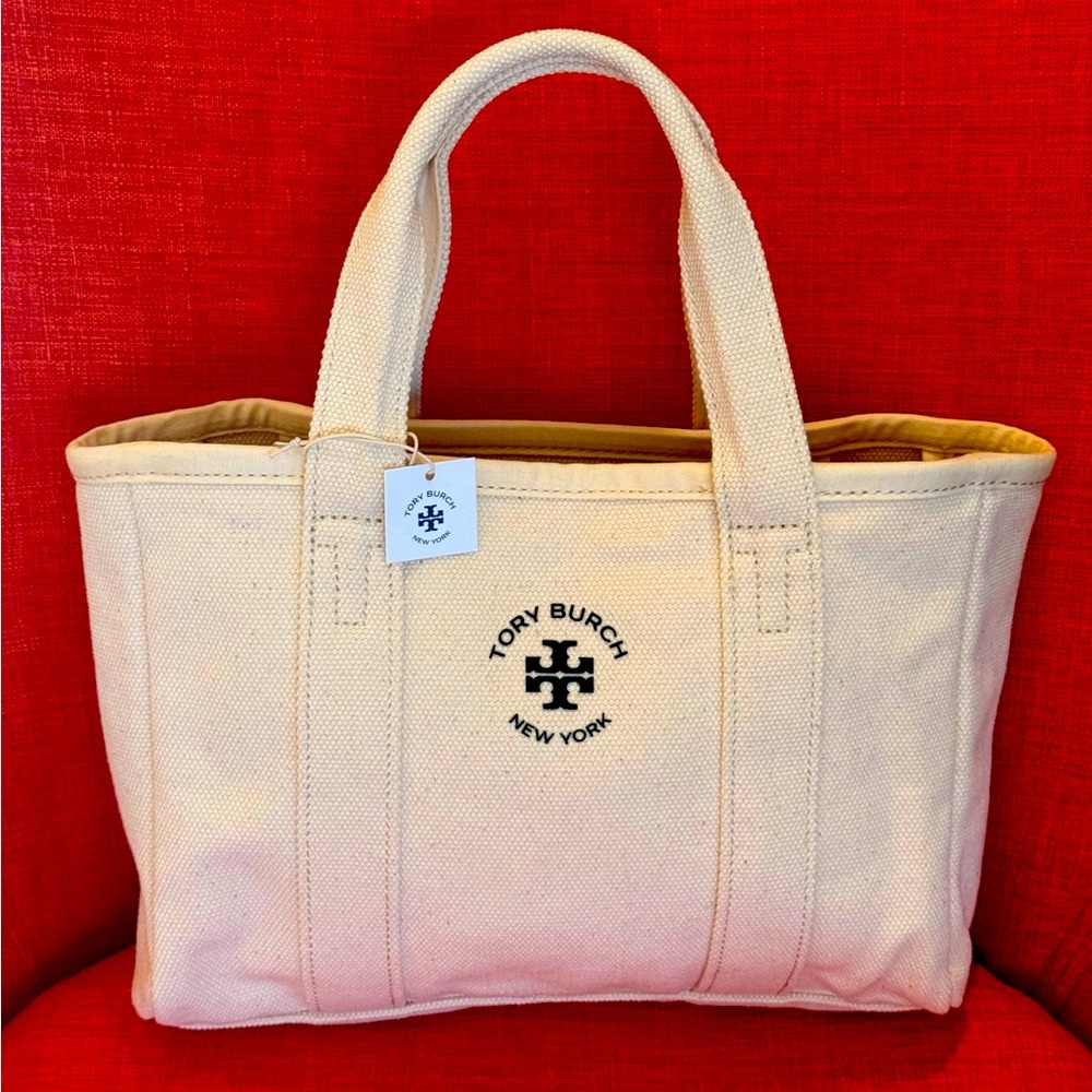 Tory Burch Canvas Tote in Cream with Black Logo